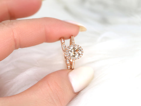 1.51ct Ready to Ship Federella & Christie 14kt Rose Gold Oval Champagne Peach Sapphire Diamonds Wedding Set Rings,Rosados Box - Rosados Box