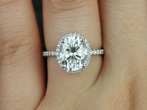 3ct Federella 10x8mm 14kt Moissanite Diamond Dainty Oval Halo Ring - Rosados Box