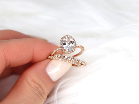 2.36ct Ready to Ship Federella & Petite Naomi 14kt Rose Gold Peach Sapphire Diamond Dainty Pave Oval Halo TRIO Bridal Set - Rosados Box