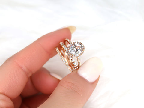 2.36ct Ready to Ship Federella & Petite Naomi 14kt Rose Gold Peach Sapphire Diamond Dainty Pave Oval Halo TRIO Bridal Set - Rosados Box