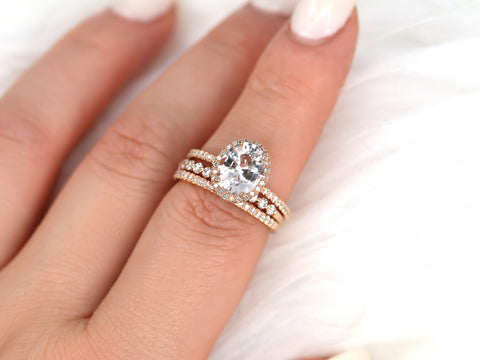 2.36ct Ready to Ship Federella & Petite Naomi 14kt Rose Gold Peach Sapphire Diamond Dainty Pave Oval Halo TRIO Bridal Set - Rosados Box