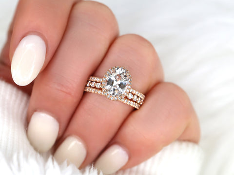 2.36ct Ready to Ship Federella & Petite Naomi 14kt Rose Gold Peach Sapphire Diamond Dainty Pave Oval Halo TRIO Bridal Set - Rosados Box