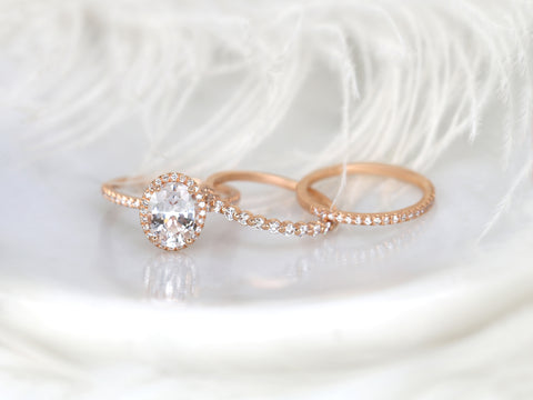 2.36ct Ready to Ship Federella & Petite Naomi 14kt Rose Gold Peach Sapphire Diamond Dainty Pave Oval Halo TRIO Bridal Set - Rosados Box