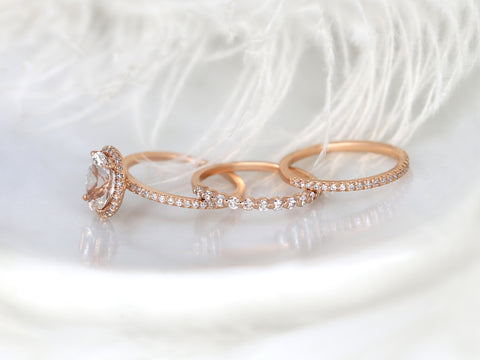 2.36ct Ready to Ship Federella & Petite Naomi 14kt Rose Gold Peach Sapphire Diamond Dainty Pave Oval Halo TRIO Bridal Set - Rosados Box