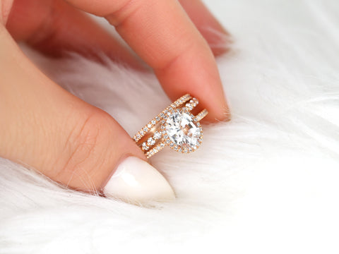 2.36ct Ready to Ship Federella & Petite Naomi 14kt Rose Gold Peach Sapphire Diamond Dainty Pave Oval Halo TRIO Bridal Set - Rosados Box