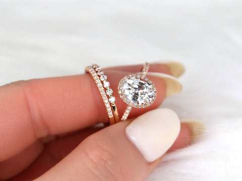 2.36ct Ready to Ship Federella & Petite Naomi 14kt Rose Gold Peach Sapphire Diamond Dainty Pave Oval Halo TRIO Bridal Set - Rosados Box