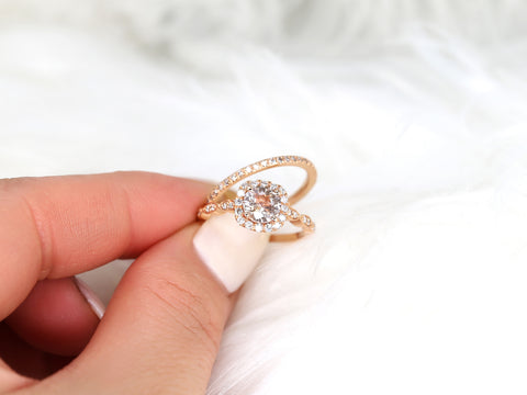 1.19cts Ready to Ship Fluffy Christie & Callie 14kt Rose Gold Peach Sapphire Diamond Cushion Halo Bridal Set - Rosados Box