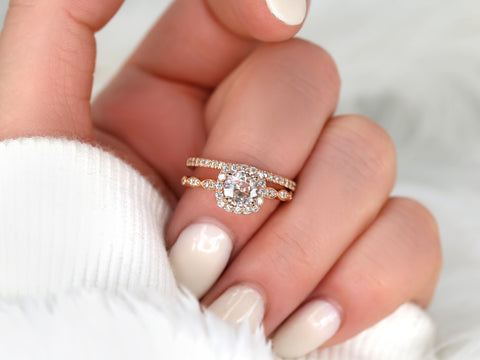 1.19cts Ready to Ship Fluffy Christie & Callie 14kt Rose Gold Peach Sapphire Diamond Cushion Halo Bridal Set - Rosados Box