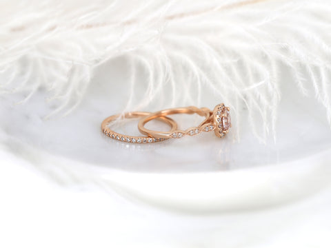 1.19cts Ready to Ship Fluffy Christie & Callie 14kt Rose Gold Peach Sapphire Diamond Cushion Halo Bridal Set - Rosados Box