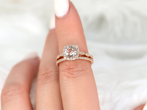 1.19cts Ready to Ship Fluffy Christie & Callie 14kt Rose Gold Peach Sapphire Diamond Cushion Halo Bridal Set - Rosados Box