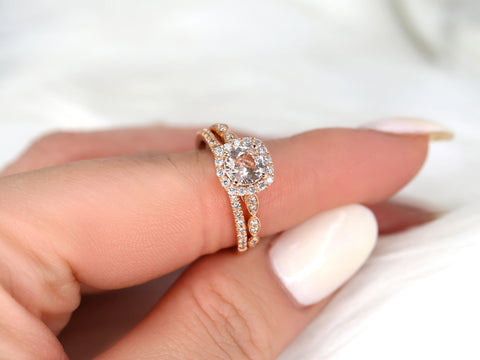 1.19cts Ready to Ship Fluffy Christie & Callie 14kt Rose Gold Peach Sapphire Diamond Cushion Halo Bridal Set - Rosados Box