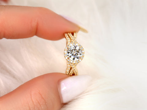1.25ct Gabi 7mm 14kt Gold Moissanite Diamond Overlapping Crossover Round Halo Bridal Set - Rosados Box