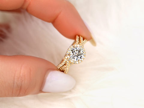 1.25ct Gabi 7mm 14kt Gold Moissanite Diamond Overlapping Crossover Round Halo Bridal Set - Rosados Box