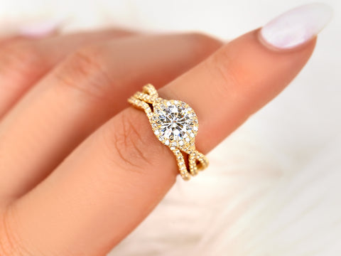 1.25ct Gabi 7mm 14kt Gold Moissanite Diamond Overlapping Crossover Round Halo Bridal Set - Rosados Box