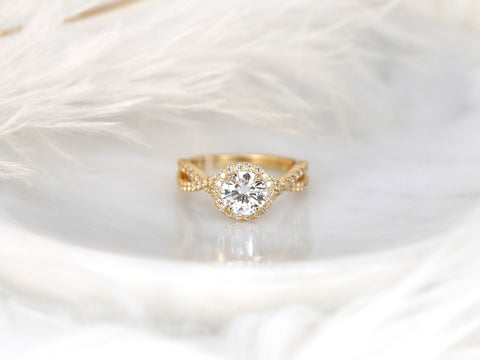 1.25ct Gabi 7mm 14kt Rose Gold Moissanite Diamond Pave Twist Crossover Round Halo Ring - Rosados Box