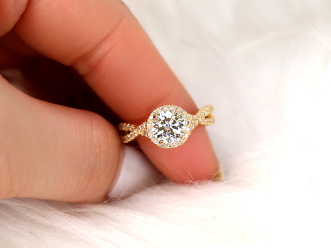 1.25ct Gabi 7mm 14kt Rose Gold Moissanite Diamond Pave Twist Crossover Round Halo Ring - Rosados Box