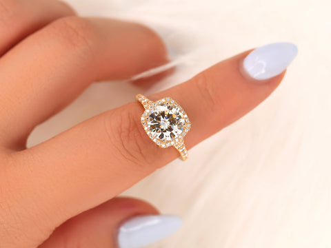 2.70ct Giselle 9mm 14kt Moissanite Diamonds Mermaid Split Cushion Halo Ring - Rosados Box