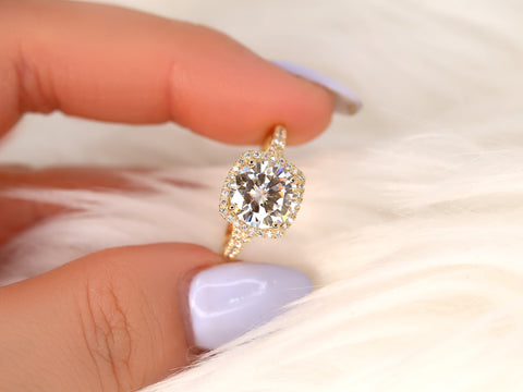 2.70ct Giselle 9mm 14kt Moissanite Diamonds Mermaid Split Cushion Halo Ring - Rosados Box