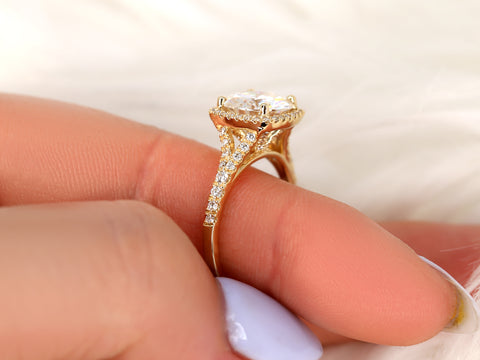 2.70ct Giselle 9mm 14kt Moissanite Diamonds Mermaid Split Cushion Halo Ring - Rosados Box