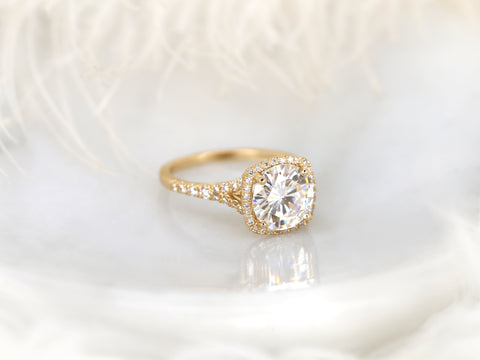 2.70ct Giselle 9mm 14kt Moissanite Diamonds Mermaid Split Cushion Halo Ring - Rosados Box