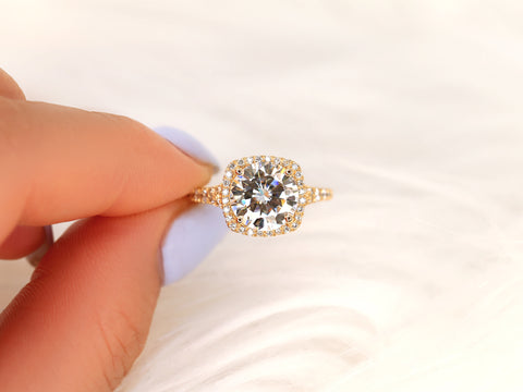 2.70ct Giselle 9mm 14kt Moissanite Diamonds Mermaid Split Cushion Halo Ring - Rosados Box