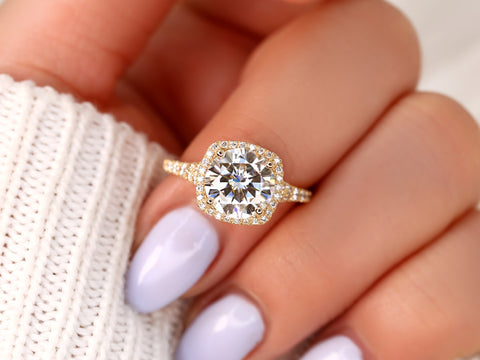 2.70ct Giselle 9mm 14kt Moissanite Diamonds Mermaid Split Cushion Halo Ring - Rosados Box