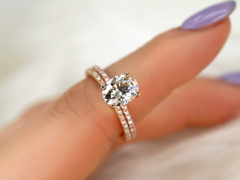 2ct Hillary 9x7mm 14kt Moissanite Diamond Oval Solitaire Hidden Halo Bridal Set