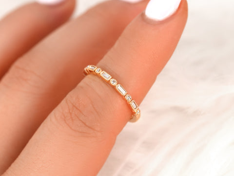 Ivanna 14kt Gold Round Baguette Diamonds WITH Milgrain HALFWAY Eternity Ring - Rosados Box