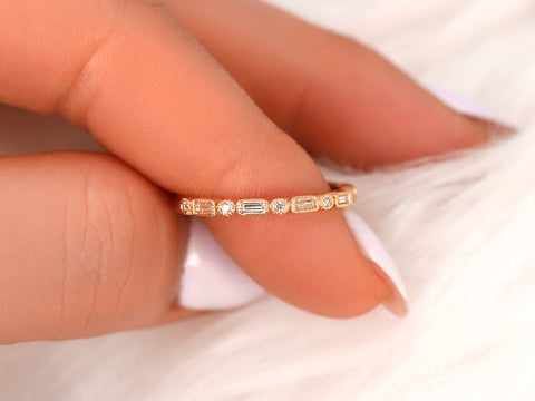 Ivanna 14kt Gold Round Baguette Diamonds WITH Milgrain HALFWAY Eternity Ring - Rosados Box