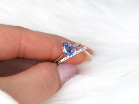 1.30ct Ready to Ship Skinny Jane & Tiffani 14k Cornflower Blue Sapphire Diamond Pear Solitaire Bridal Set - Rosados Box