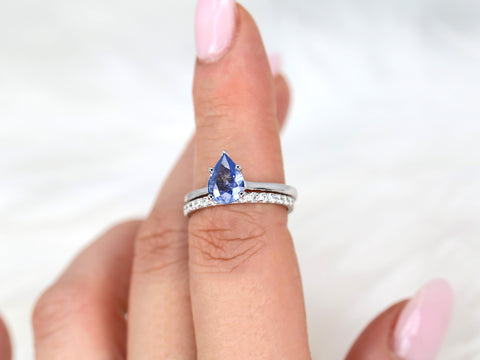 1.30ct Ready to Ship Skinny Jane & Tiffani 14k Cornflower Blue Sapphire Diamond Pear Solitaire Bridal Set - Rosados Box