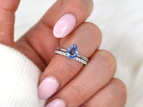 1.30ct Ready to Ship Skinny Jane & Tiffani 14k Cornflower Blue Sapphire Diamond Pear Solitaire Bridal Set - Rosados Box