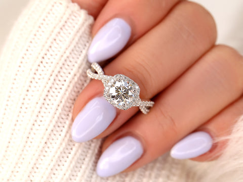 Josephine 7mm 14kt White Gold Round Forever One Moissanite Diamonds Twisted Cushion Halo Engagement Ring - Rosados Box