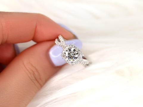 Josephine 7mm 14kt White Gold Round Forever One Moissanite Diamonds Twisted Cushion Halo Engagement Ring - Rosados Box