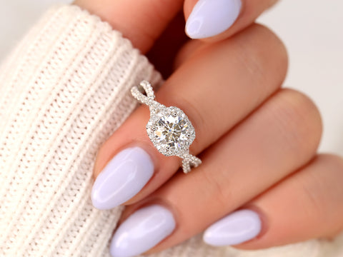 Josephine 7mm 14kt White Gold Round Forever One Moissanite Diamonds Twisted Cushion Halo Engagement Ring - Rosados Box