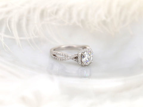 Josephine 7mm 14kt White Gold Round Forever One Moissanite Diamonds Twisted Cushion Halo Engagement Ring - Rosados Box