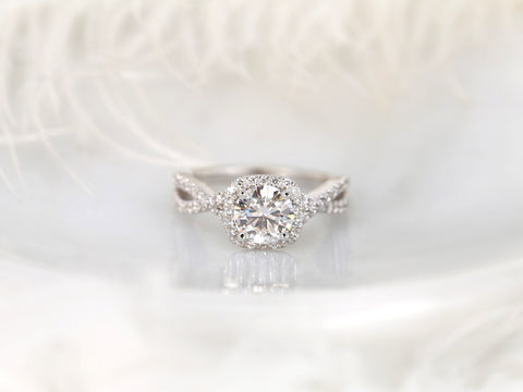 Josephine 7mm 14kt White Gold Round Forever One Moissanite Diamonds Twisted Cushion Halo Engagement Ring - Rosados Box