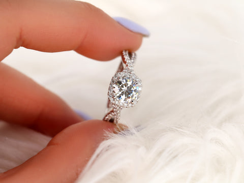 Josephine 7mm 14kt White Gold Round Forever One Moissanite Diamonds Twisted Cushion Halo Engagement Ring - Rosados Box