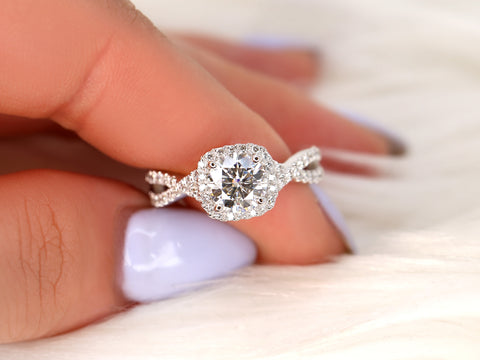 Josephine 7mm 14kt White Gold Round Forever One Moissanite Diamonds Twisted Cushion Halo Engagement Ring - Rosados Box