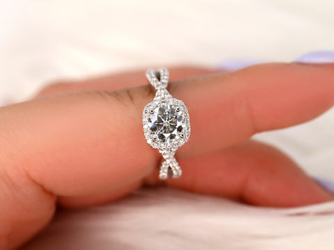 Josephine 7mm 14kt White Gold Round Forever One Moissanite Diamonds Twisted Cushion Halo Engagement Ring - Rosados Box