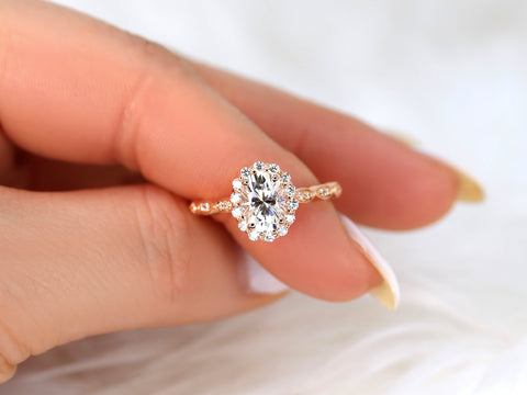 1.50ct Jubilee 8x6mm 14kt Gold Moissanite Diamond WITHOUT Milgrain Art Deco Scalloped Oval Halo Ring - Rosados Box