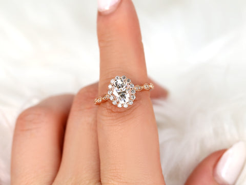 1.50ct Jubilee 8x6mm 14kt Gold Moissanite Diamond WITHOUT Milgrain Art Deco Scalloped Oval Halo Ring - Rosados Box