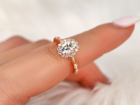 1.50ct Jubilee 8x6mm 14kt Gold Moissanite Diamond WITHOUT Milgrain Art Deco Scalloped Oval Halo Ring - Rosados Box