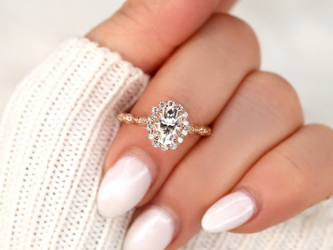 1.50ct Jubilee 8x6mm 14kt Gold Moissanite Diamond WITHOUT Milgrain Art Deco Scalloped Oval Halo Ring - Rosados Box