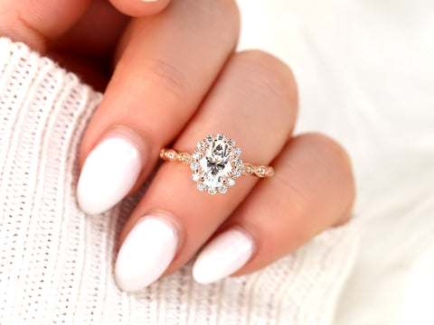 1.50ct Jubilee 8x6mm 14kt Gold Moissanite Diamond WITHOUT Milgrain Art Deco Scalloped Oval Halo Ring - Rosados Box