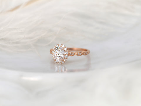 1.50ct Jubilee 8x6mm 14kt Gold Moissanite Diamond WITHOUT Milgrain Art Deco Scalloped Oval Halo Ring - Rosados Box