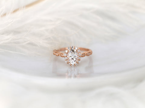 1.50ct Jubilee 8x6mm 14kt Gold Moissanite Diamond WITHOUT Milgrain Art Deco Scalloped Oval Halo Ring - Rosados Box