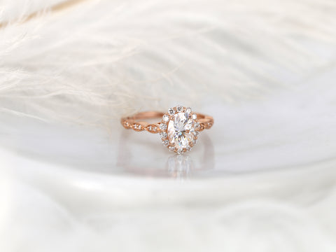 1.50ct Jubilee 8x6mm 14kt Gold Moissanite Diamond WITHOUT Milgrain Art Deco Scalloped Oval Halo Ring - Rosados Box