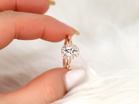 1.50ct Jubilee 8x6mm 14kt Gold Moissanite Diamond WITHOUT Milgrain Art Deco Scalloped Oval Halo Ring - Rosados Box