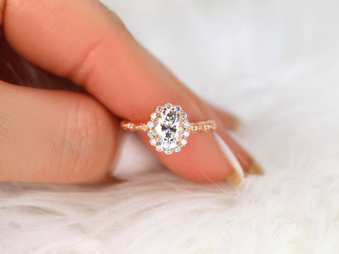 1.50ct Jubilee 8x6mm 14kt Gold Moissanite Diamond WITHOUT Milgrain Art Deco Scalloped Oval Halo Ring - Rosados Box